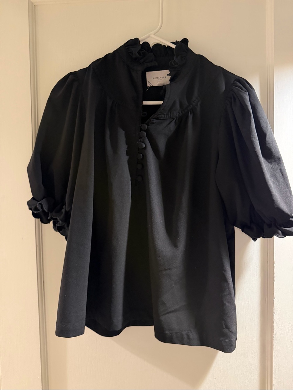 Pomander Place Black Puff Sleeve Ruffle Blouse